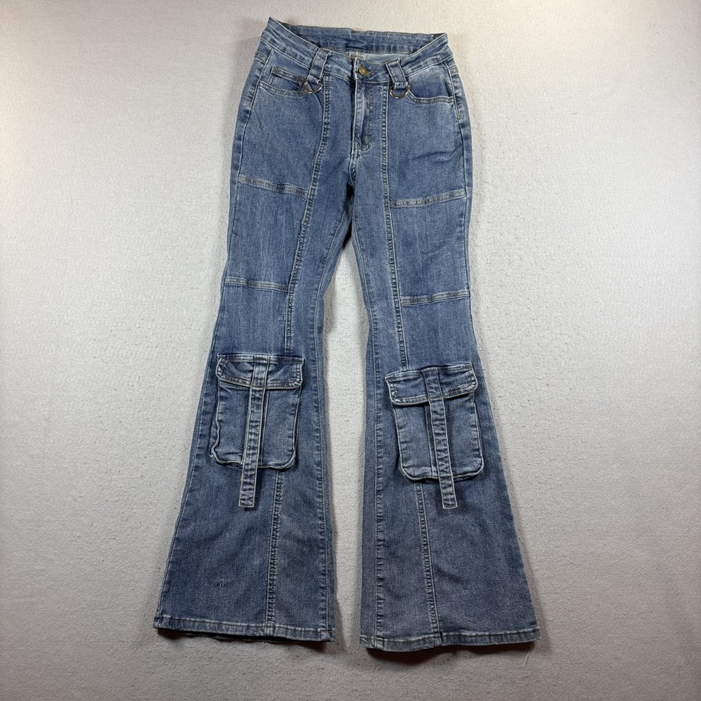 Fashion Jean Cargo Jeans Denim Stretch Flare Bell Bottom Retro BOHO 28 X 31